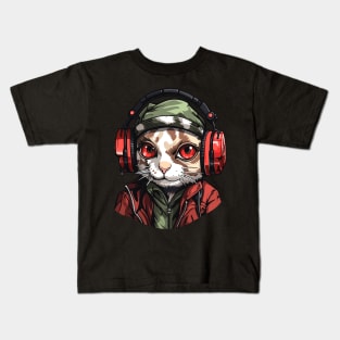 Hardbass Cat With Rave Music Headphones Kids T-Shirt